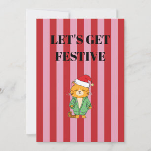 Convite Gato de Natal com listras rosa e vermelha