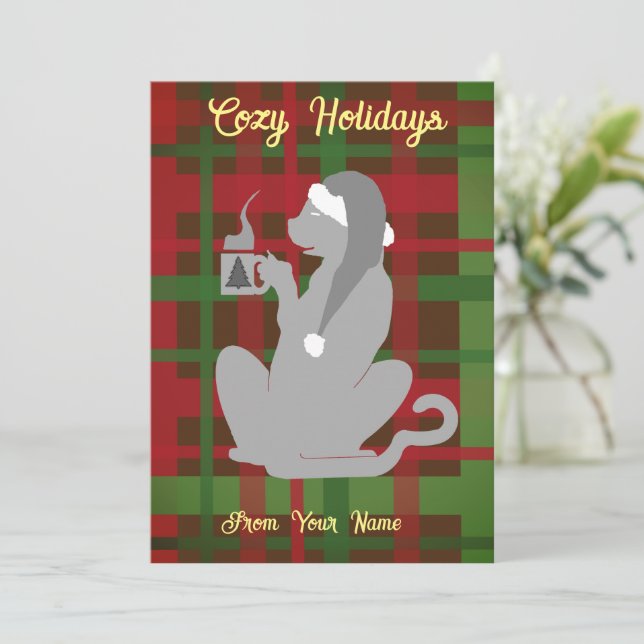 Convite Gato de Natal com Mug, cinza, personalize-o (Em pé/Frente)
