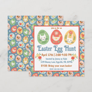 Convite Gato de Ovo de Páscoa Folclórica, Coelhinho, Pásco