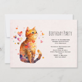 Convite Gato de Tabby Bonito com Corações Aniversário