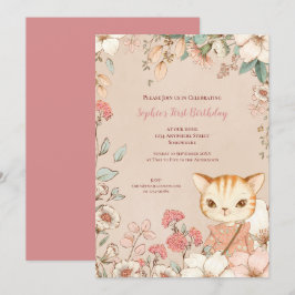 Convite Gato de Vintage Gato Floral Deixa primeiro anivers