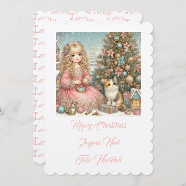 Convite Gato e garota, Feliz Natal (Frente/Verso)