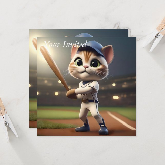 Convite Gato Engraçado De Beisebol Em 3D, (Frente/Verso In Situ)