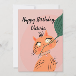 Convite Gato Engraçado Folha de Planta Cartoon Aniversário