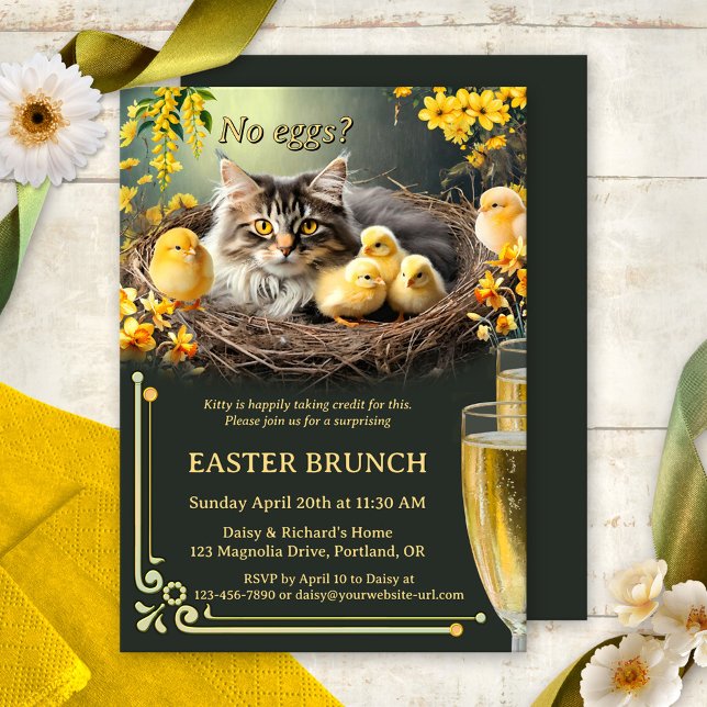 Convite Gato Engraçado Sem Ovos Bolhas de Páscoa e Brunch (Funny Bubbles & Brunch Easter invitation featuring a cute kitty taking care of baby chicks)