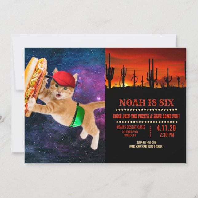 Convite Gato espacial com bonés e mochila (Frente)