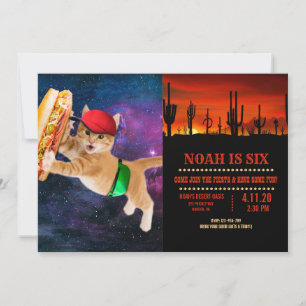 Convite Gato espacial com bonés e mochila