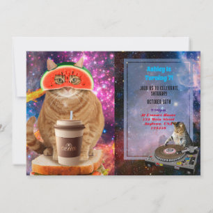 Convite Gato espacial com óculos de melancia
