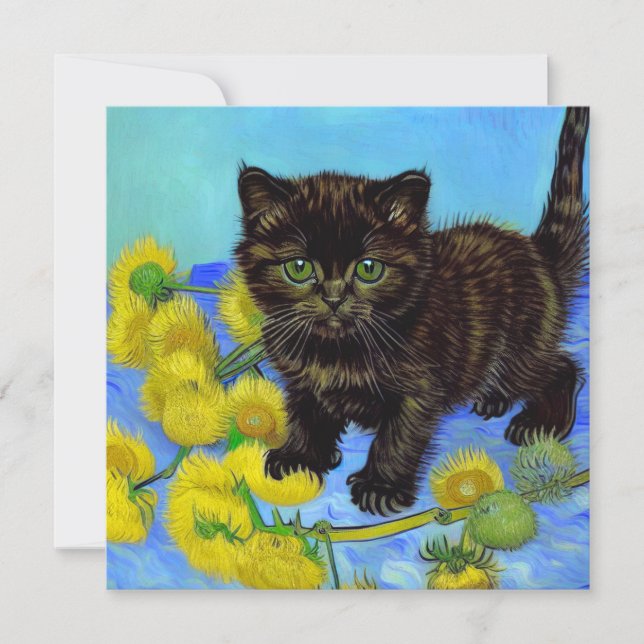 Convite Gato Estilo Van Gogh com Girassóis (Frente)