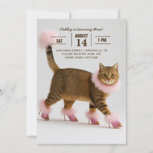Convite Gato Estiloso de Salto Alto Rosa e Glamour Fofinho