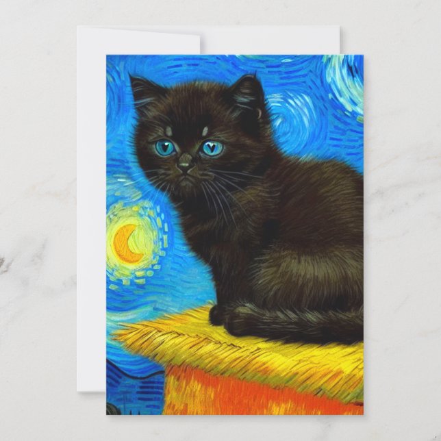 Convite Gato Estrela Noturna no Estilo de Van Gogh (Frente)