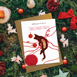 Convite Gato Feliz Natal - Gato Brincalhão com Fitas Verme