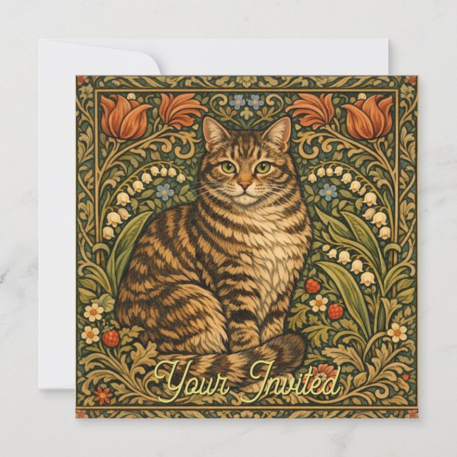 Convite Gato floral botânico vintage elegante (Frente)