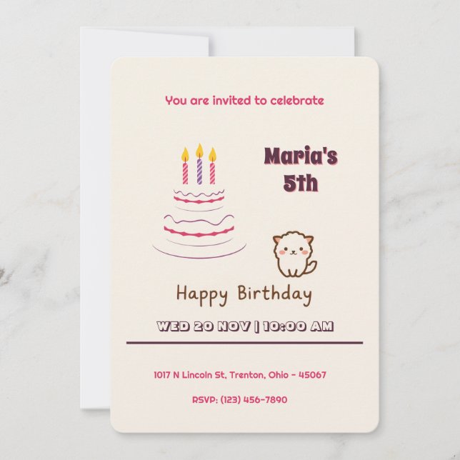 Convite Gato Fluffy Bonito com Bolo de Aniversário (Frente)