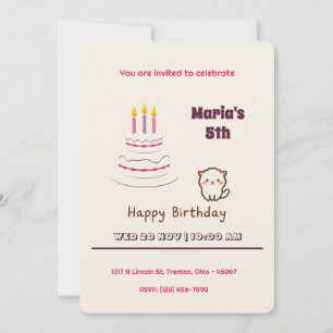 Convite Gato Fluffy Bonito com Bolo de Aniversário