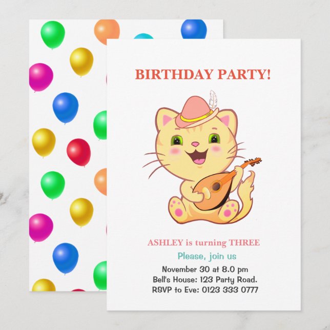 Convite Gato Fofo & Balões Multicoloridos de Aniversário (Frente/Verso)