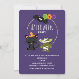 Convite Gato fofo de Halloween, Morcego & Múmia Boo