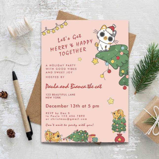Convite Gato Fofo Kawaii & Árvore de Natal (Kawaii Cute Cat & Christmas Tree Invitation)