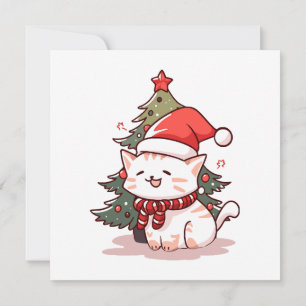Convite Gato fofo vestindo chapéu de Papai Noel perto da á