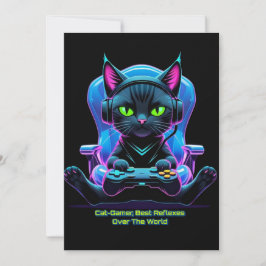 Convite Gato gamer futurista con joystick y actitud felina