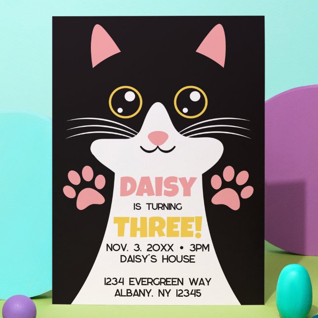 Convite Gato Gato Gato Gato Gato-Gato-Gato Que Pensava O C (Cute Kitty Cat kid's birthday invitation with custom details. Oversized cat face with cute paw print)