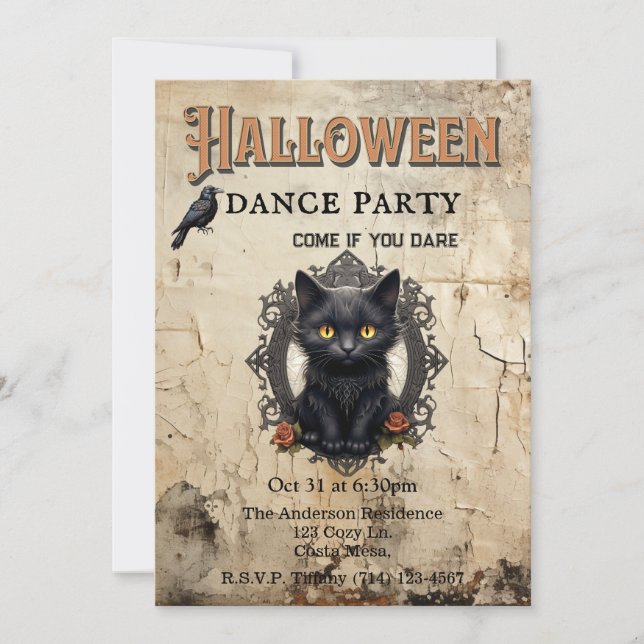 Convite Gato Gótico no Festa de Dança de Halloween Espelho (Frente)
