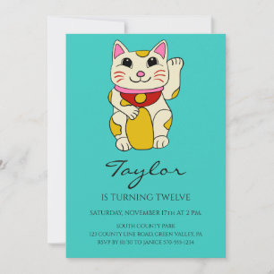 Convite Gato Japonês Maneki Neko Acenando no Aniversário