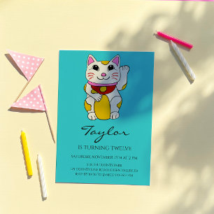 Convite Gato Japonês Maneki Neko Acenando no Aniversário