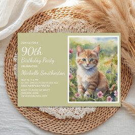 Convite Gato Laranja Amarelo Fofo Aquarela 90º Aniversário