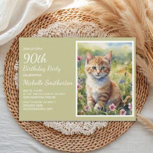 Convite Gato Laranja Amarelo Fofo Aquarela 90º Aniversário