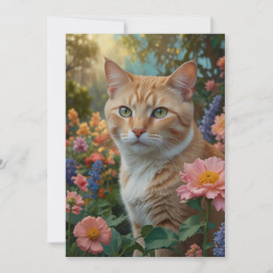 Convite Gato laranja branco bonito em jardim floral