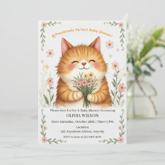 Convite Gato Laranja com um Buquê de Flores