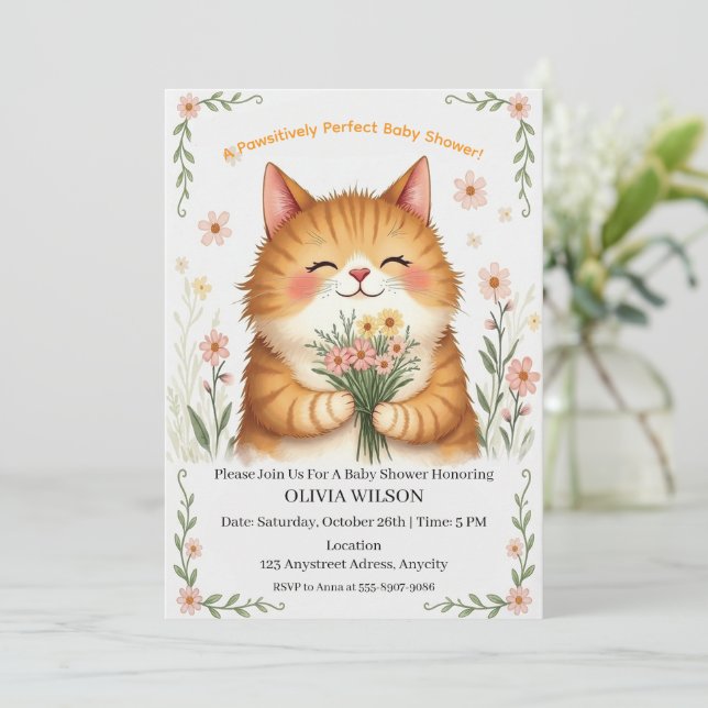 Convite Gato Laranja com um Buquê de Flores (Em pé/Frente)
