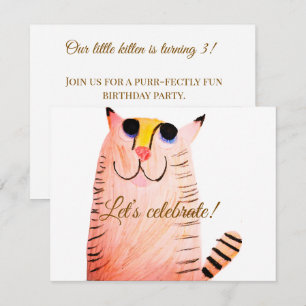 Convite Gato Laranja Desenhado à Mão Aniversário de Crianç