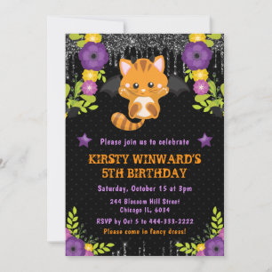 Convite Gato Laranja Fofo Floral Aniversário de Halloween