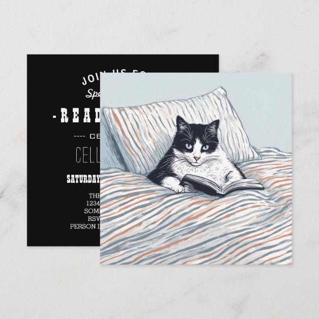 Convite gato lendo na cama (Frente/Verso)