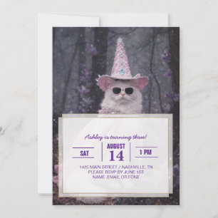 Convite Gato Mágico Feiticeiro em Capa e Chapéu Rosa Brilh