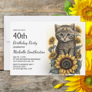 Convite Gato Malhado Cinza Girassóis 40º Aniversário