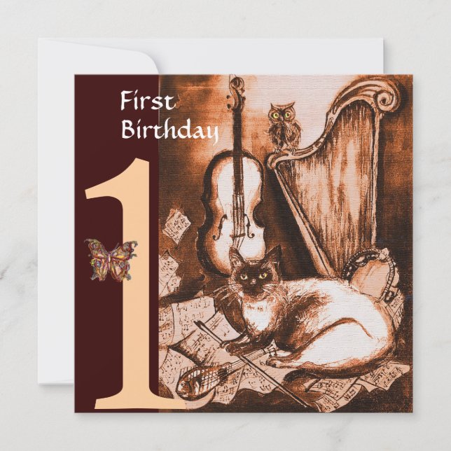 Convite GATO MUSICAL Primeira Festa de aniversário Castanh (Frente)