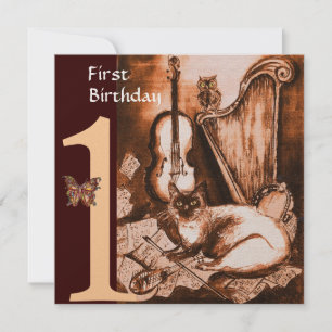 Convite GATO MUSICAL Primeira Festa de aniversário Castanh