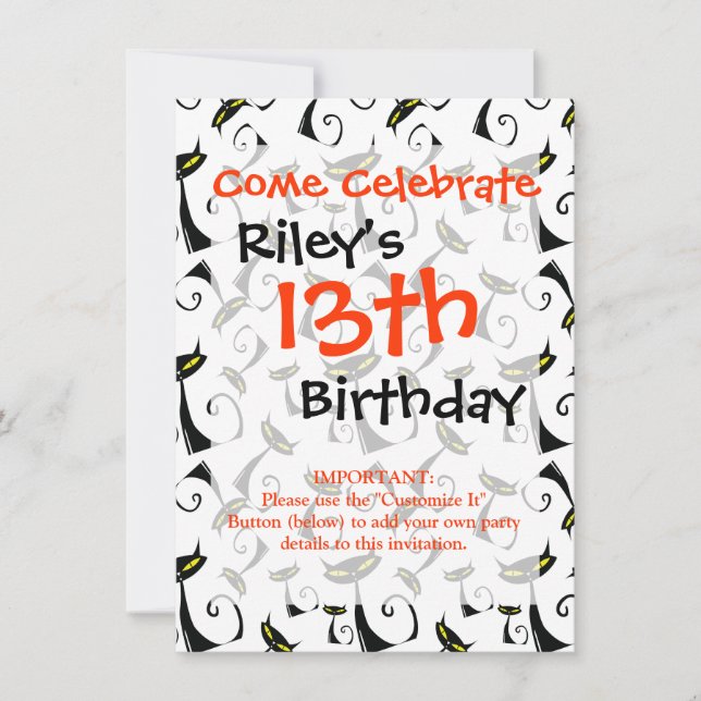 Convite Gato Negro com Padrão de Halloween de Olhos Amarel (Frente)