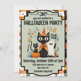 Convite Gato Negro e Fantasma Boo de Halloween