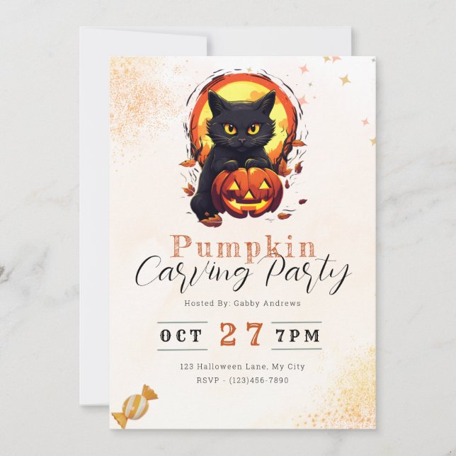 Convite Gato Negro Jack'o- Lanterna Pumpkin Carving Party (Frente)