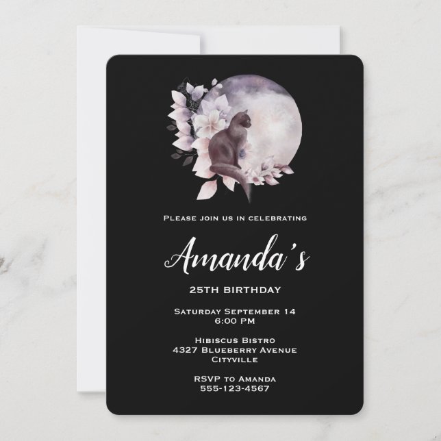 Convite Gato Negro na frente de um aniversário de Lua Mági (Frente)