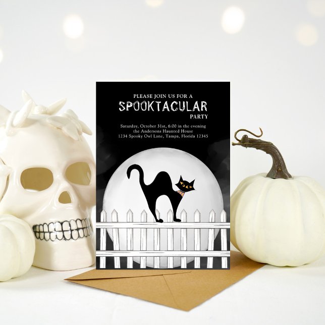 Convite Gato Negro Spooktacular Spookular do Halloween (Halloween spooktacular invitation with whimsical black cat. )