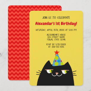 Convite Gato Preto Booo , Engraçado 1º Aniversário Preto