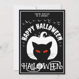Convite Gato Preto Branco Feliz Fantasia de Halloween Fest