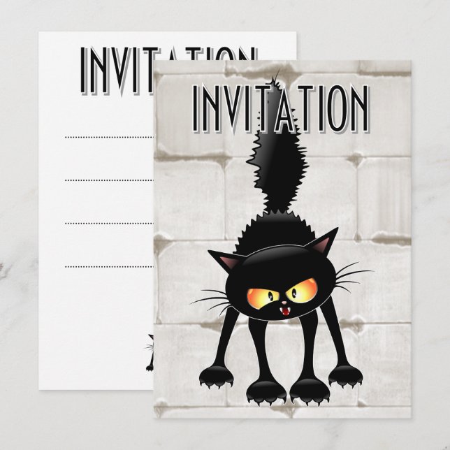 Convite Gato Preto Cartoon Engraçado e Feroz  (Frente/Verso)