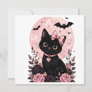 Convite Gato Preto com Colar de Lua Abóbora Rosa