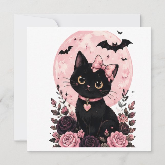 Convite Gato Preto com Colar de Lua Abóbora Rosa (Frente)